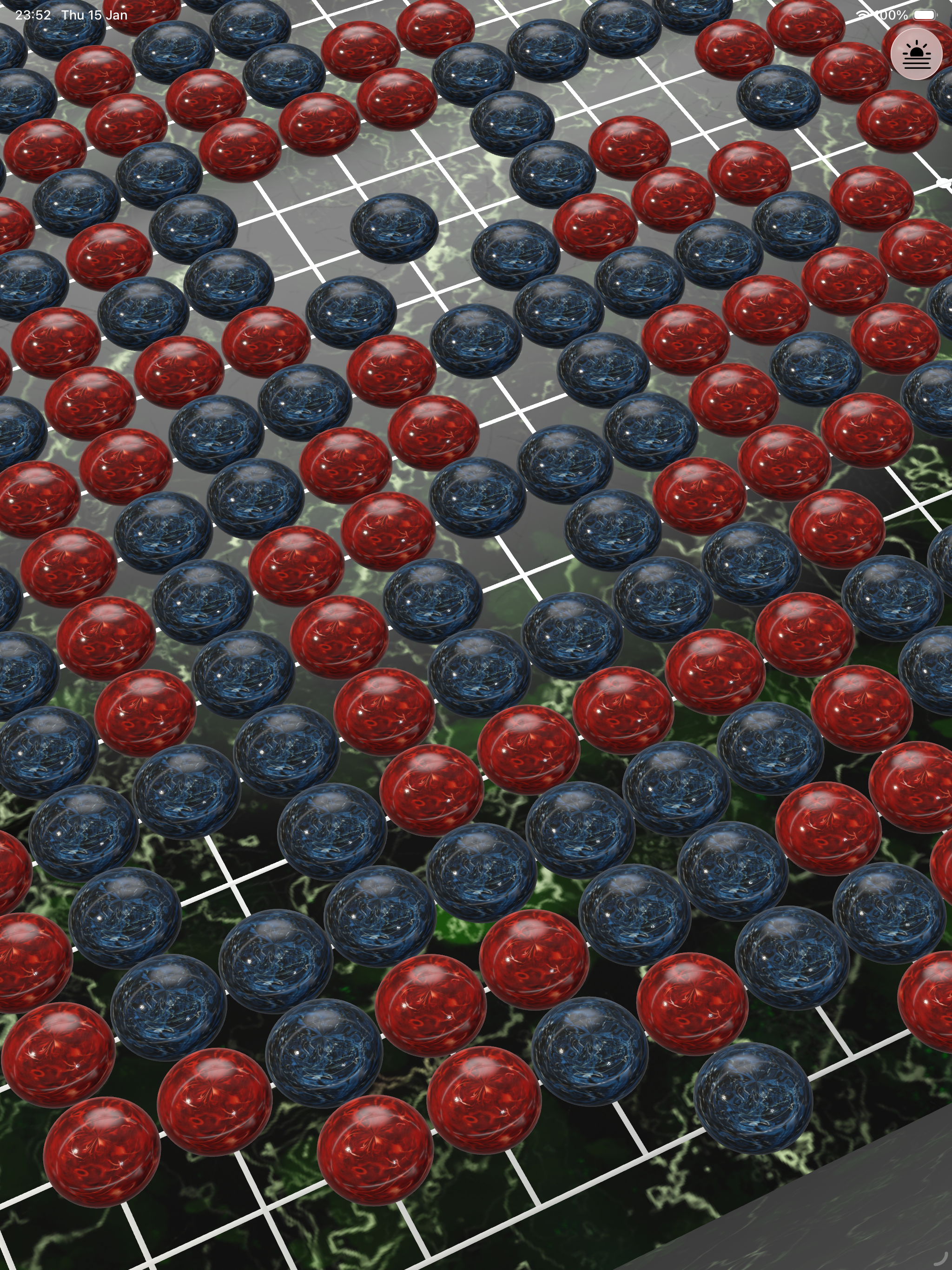 Goban3D on iPad — 3D board with green marble texture and marble stones