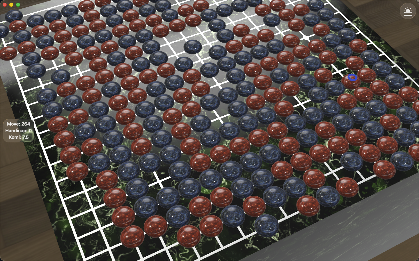 Goban3D on Mac — 3D board with green marble texture and marble stones