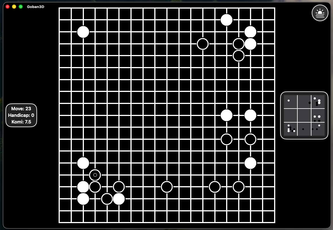 Goban3D on Mac — high contrast mode with dark appearance, showing white lines on a black board