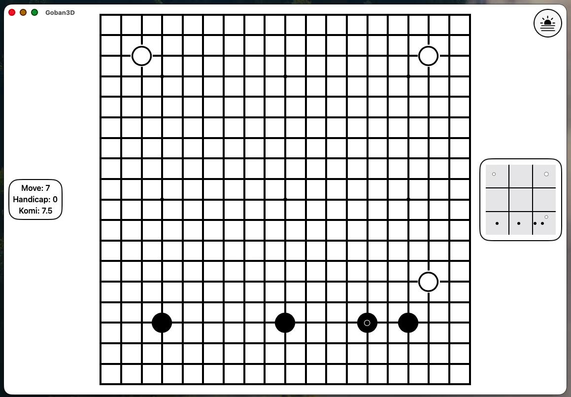 Goban3D on Mac — high contrast mode with light appearance, showing bold black lines on a white board